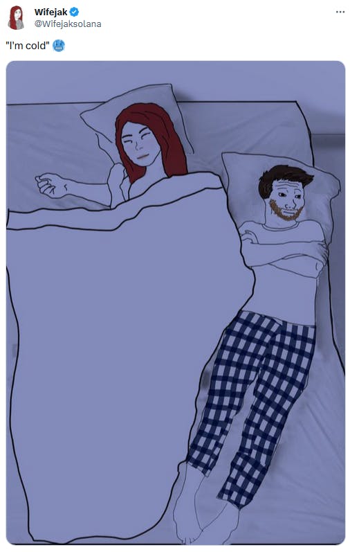 Husbandjak meme about sharing a bed with Wifejak.