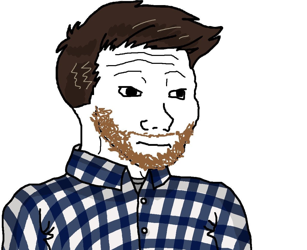 Wojak with dark brown hair, a beard, and a blue plaid shirt.