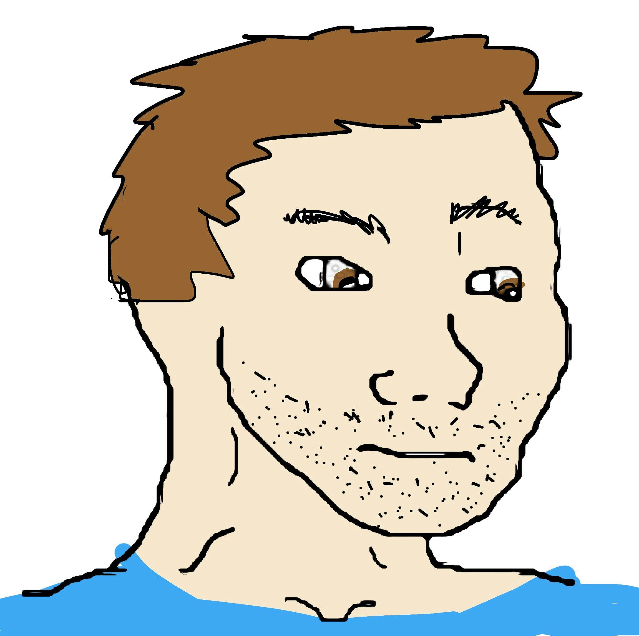 Wojak with brown hair, stubble, and a blue shirt.