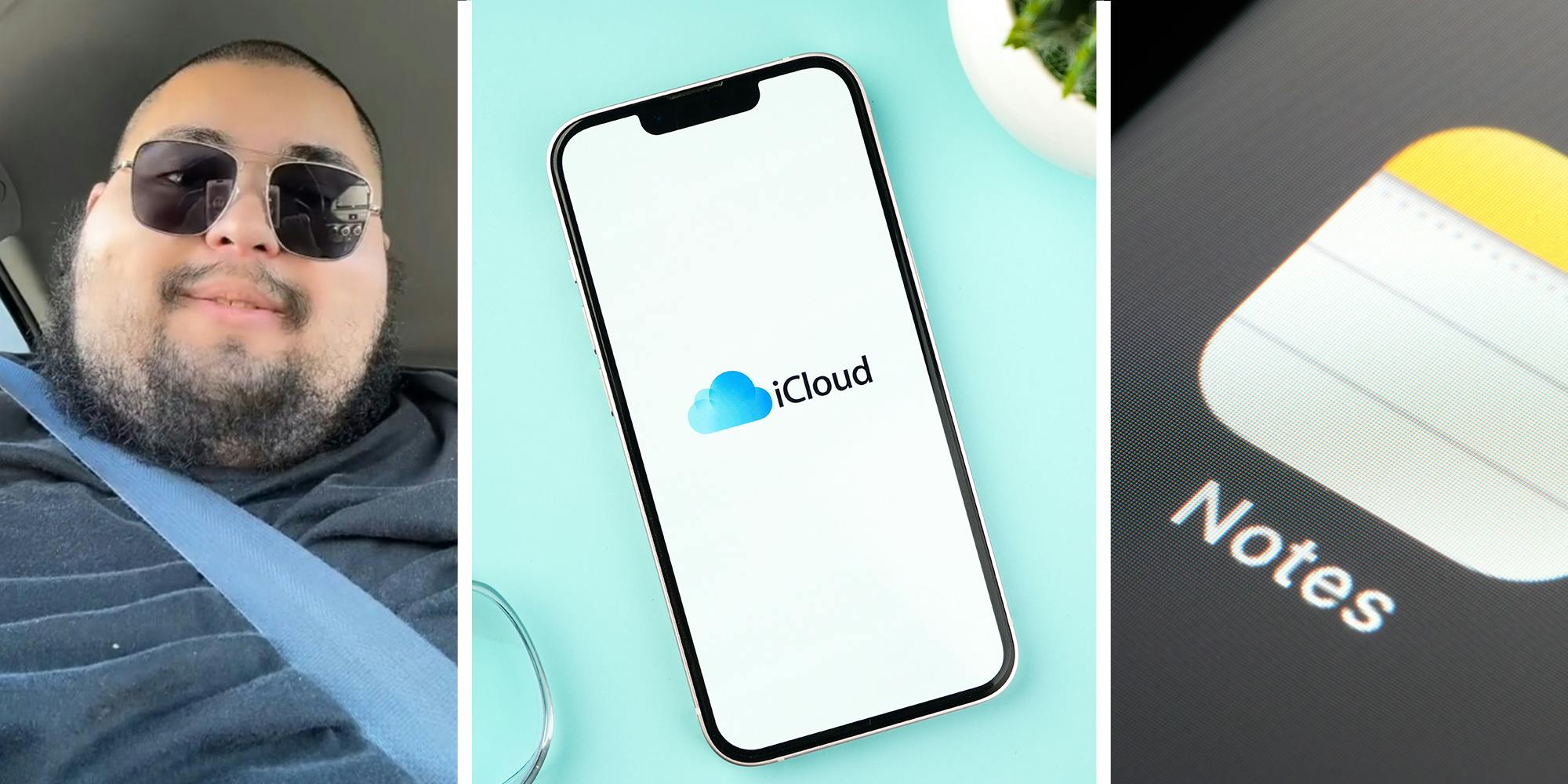 Man sharing his iCloud experience on TikTok(l) iCloud on iPhone display(c) Note app(r)