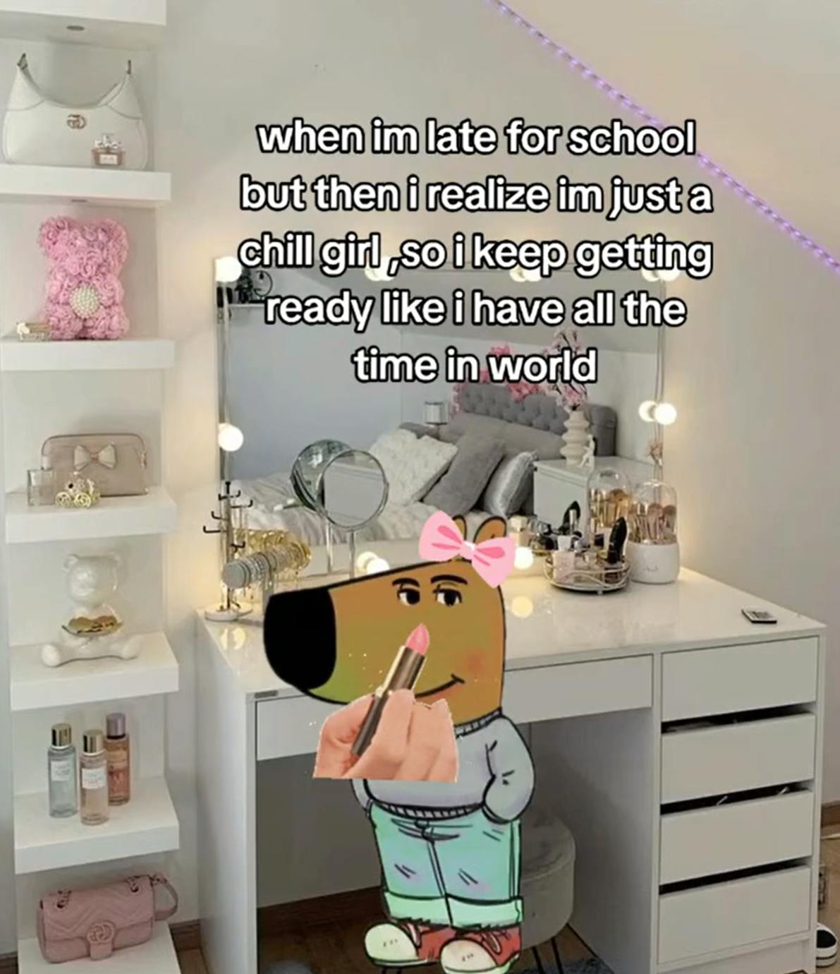 Chill guy meme in a pink and white bedroom with an image of a hand putting on makeup.