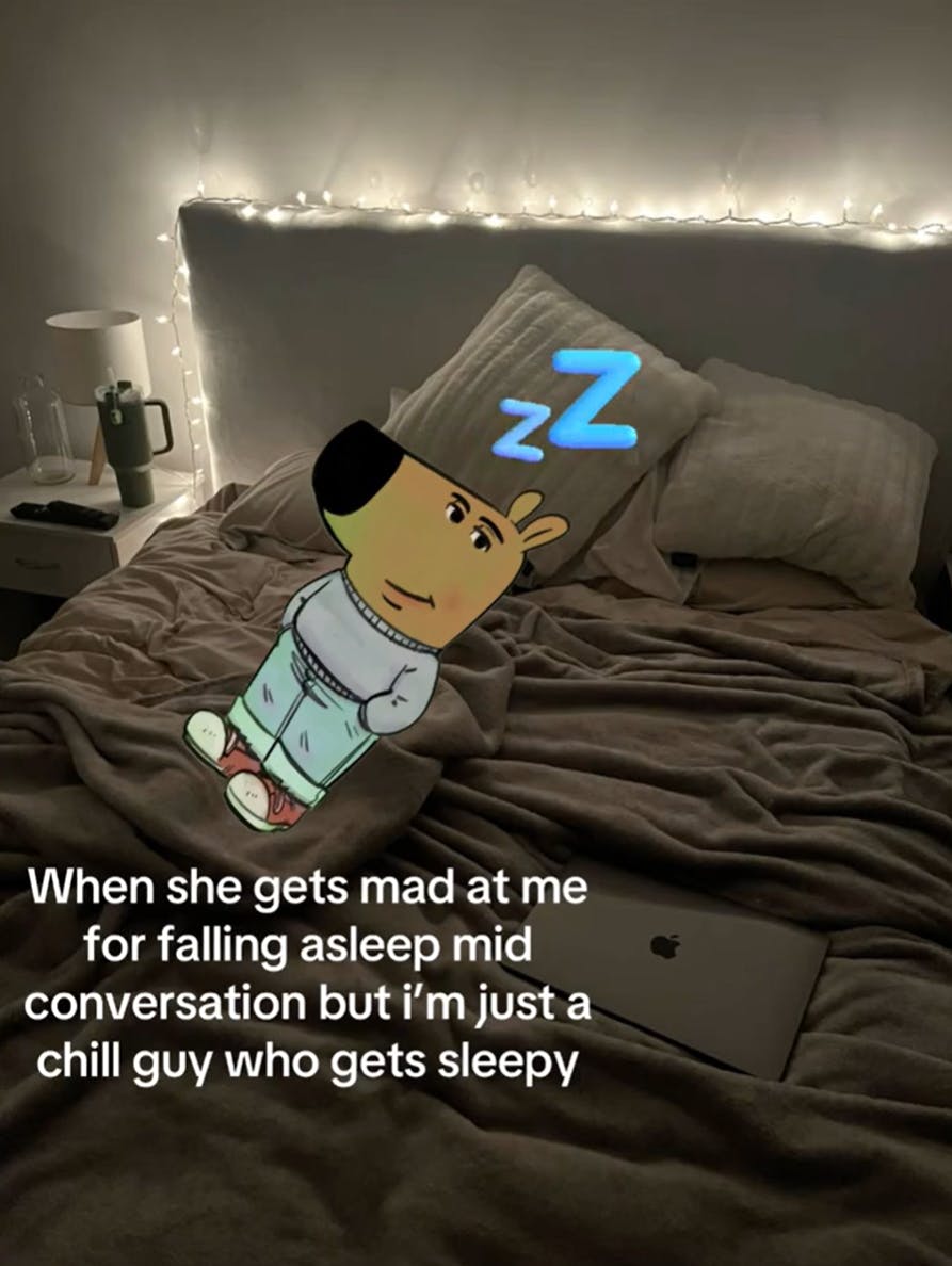 I'm just a chill guy dog overlayed on a cozy bed with a 'zz' emoji by his head. Text overlay reads, 'When she gets mad at me for falling asleep mid conversation but i'm just a chill guy who gets sleepy.'