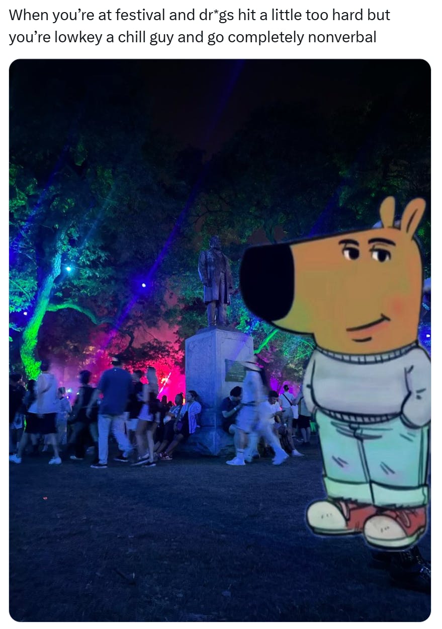 I'm just a chill guy meme, My New Character at an outdoor rave.