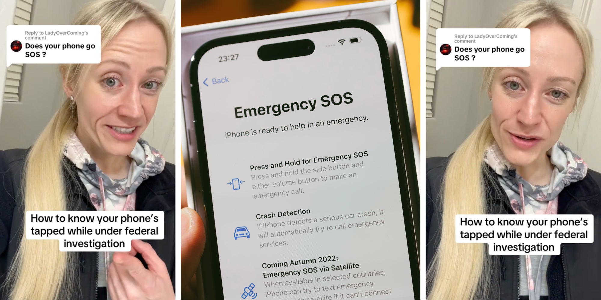 Woman talking with text that says 'Does your phone go SOS? How to know your phone's tapped while under federal investigation'(l+R), Iphone with emergency SOS screen(c)