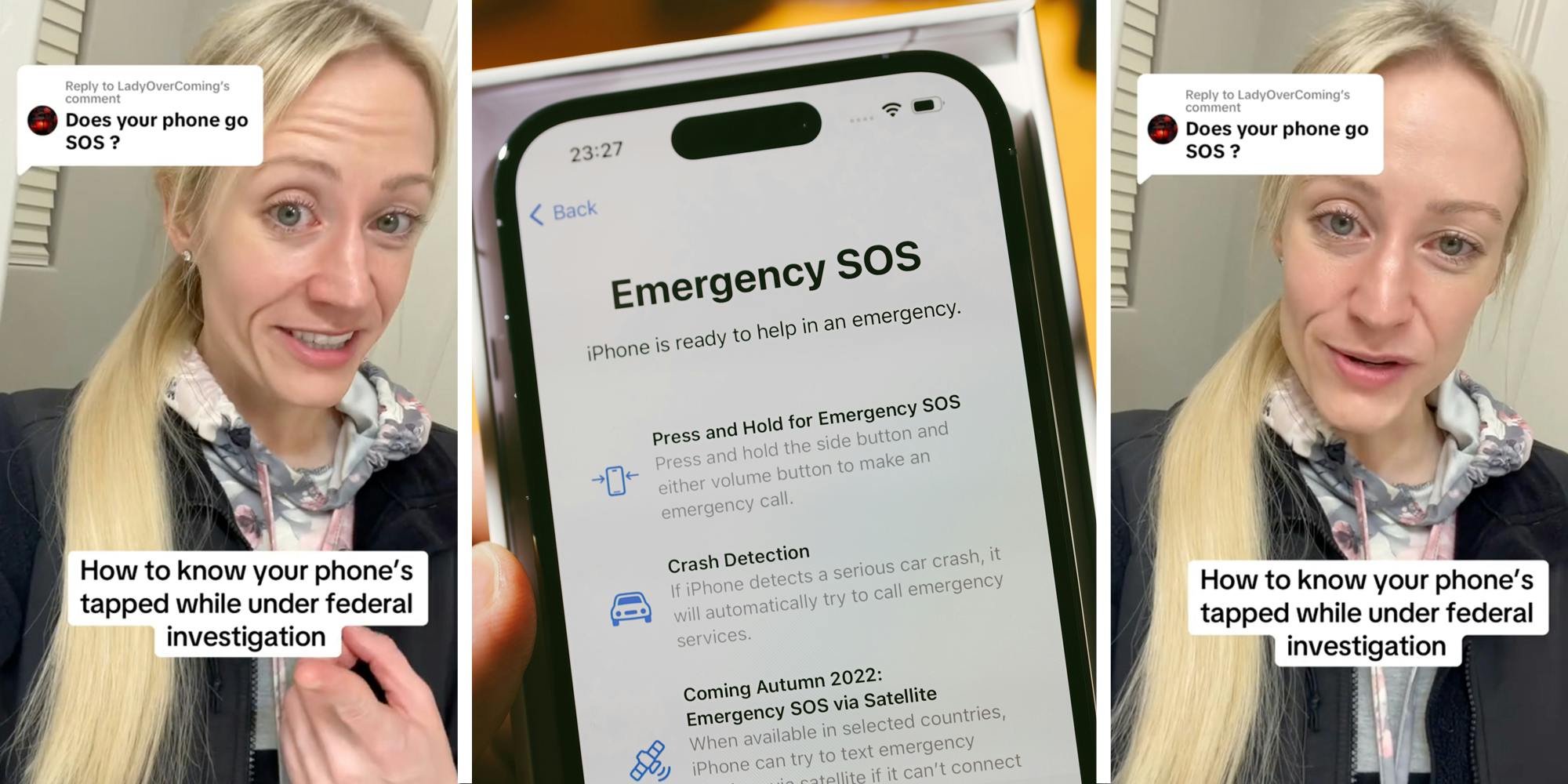 Woman talking with text that says "Does your phone go SOS? How to know your phone's tapped while under federal investigation"(l+R), Iphone with emergency SOS screen(c)