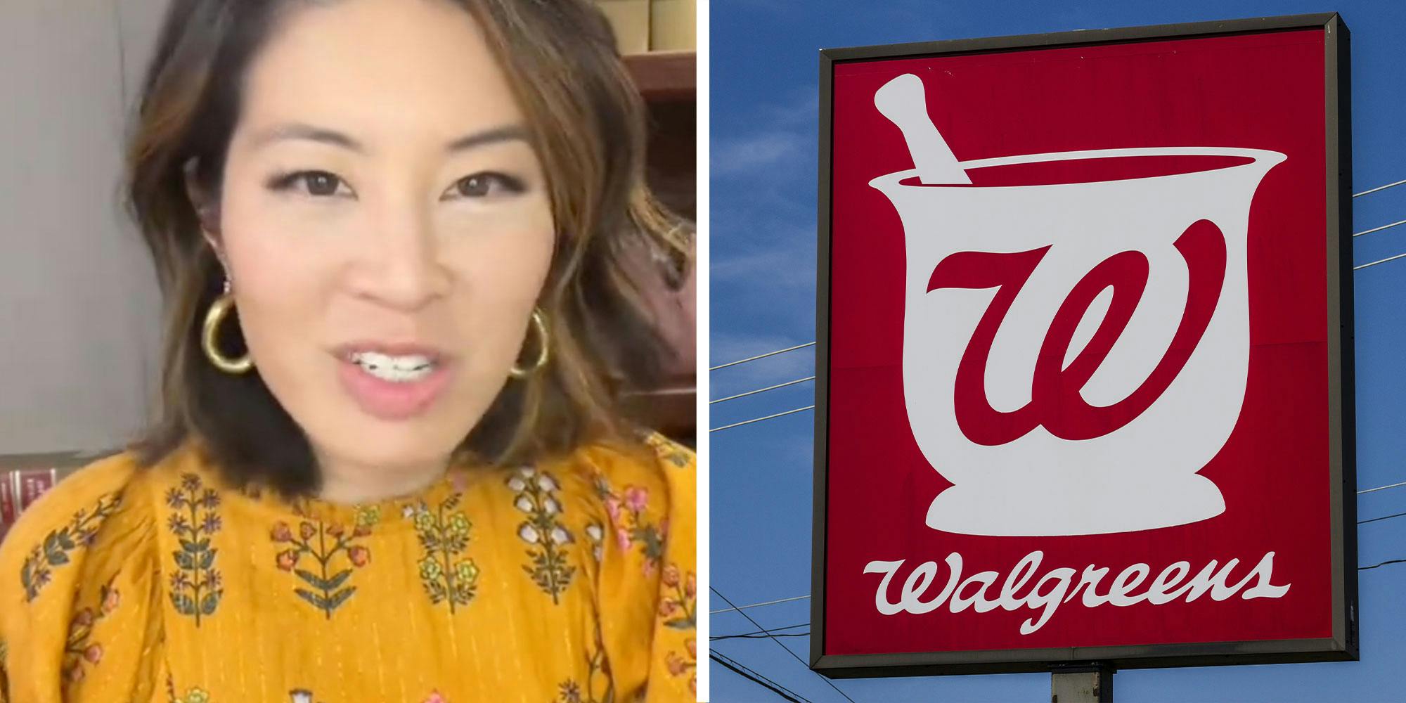 two panel design with a woman talking at the camera in one, and a close up of a Walgreens sign from outside in panel two