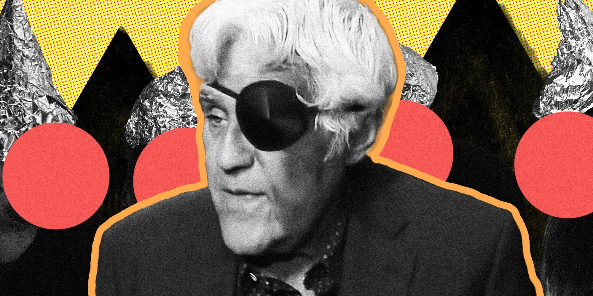 Jay Leno with eye patch in front of abstract image of tinfoil hats