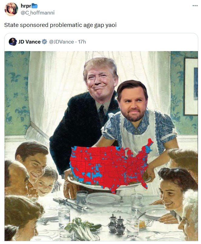 JD Vance Thanksgiving meme tweet reading 'State sponsored problematic age gap yaoi.'