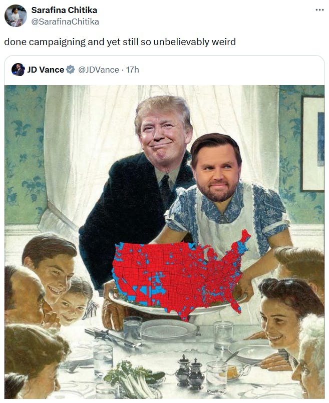 JD Vance Thanksgiving meme tweet reading 'done campaigning and yet still so unbelievably weird.'