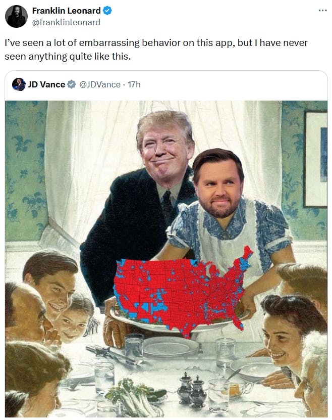 JD Vance Thanksgiving meme tweet reading 'I’ve seen a lot of embarrassing behavior on this app, but I have never seen anything quite like this.'