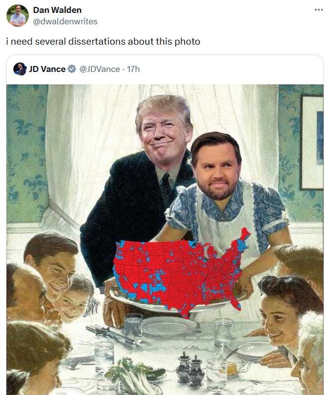 JD Vance Thanksgiving meme tweet reading 'i need several dissertations about this photo.'