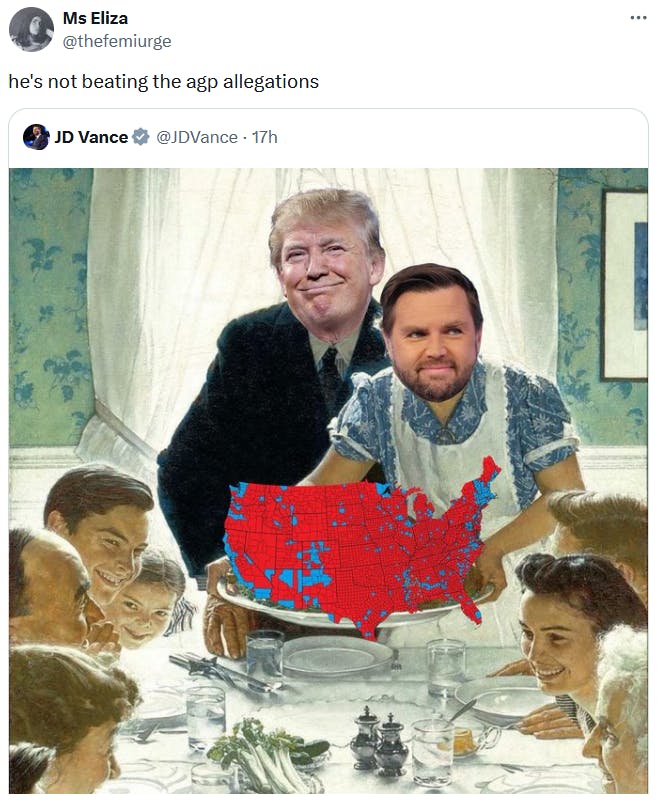 JD Vance Thanksgiving meme tweet reading 'he's not beating the agp allegations.'