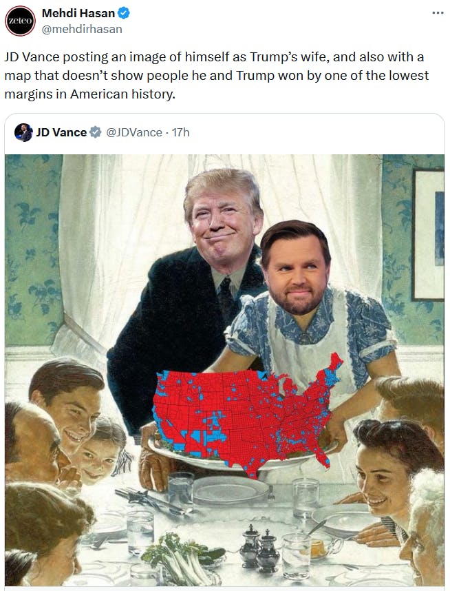 JD Vance Thanksgiving meme tweet reading 'what is it about trump that causes the men in his life to behave this way lmao.'