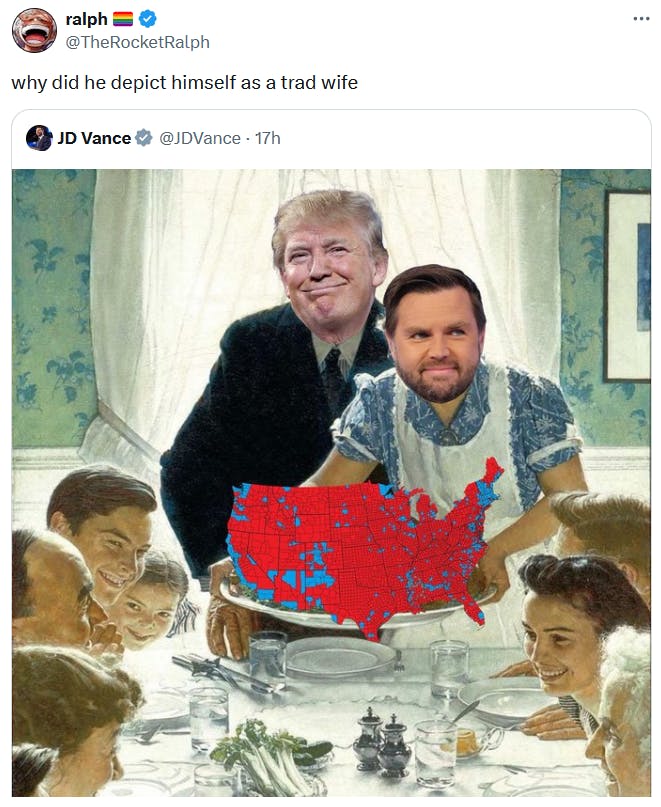 JD Vance Thanksgiving meme tweet reading 'JD Vance posting an image of himself as Trump’s wife, and also with a map that doesn’t show people he and Trump won by one of the lowest margins in American history.'