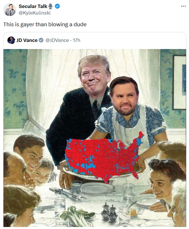 JD Vance Thanksgiving meme tweet reading 'This is gayer than blowing a dude.'