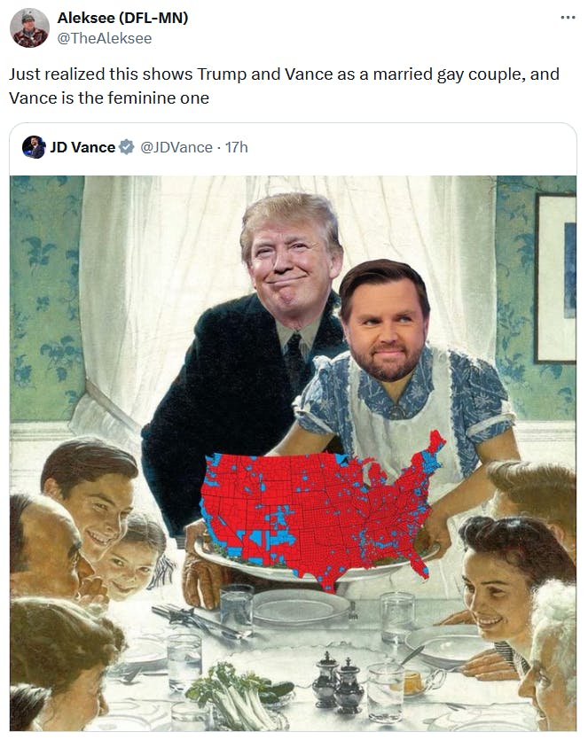 JD Vance Thanksgiving meme tweet reading 'Just realized this shows Trump and Vance as a married gay couple, and Vance is the feminine one.'