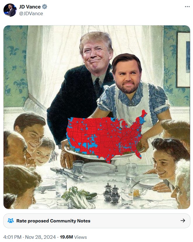 Norman Rockwell's 'Freedom from Want' Photoshopped to depict Donald Trump and J.D. Vance as the married couple with the turkey replaced by a U.S. electoral map.