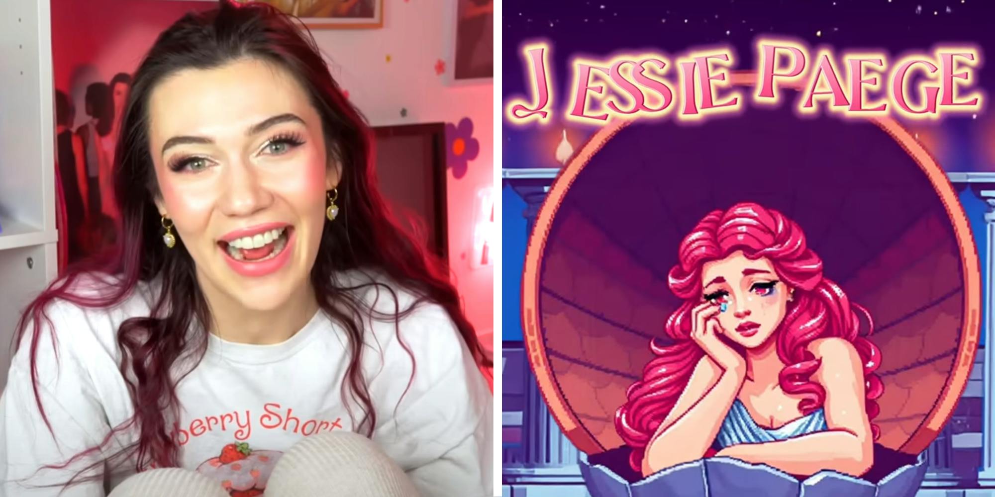 Two panel image with Youtuber Jessie Paege, smiling, on the left and an illustrated version of her on the right.