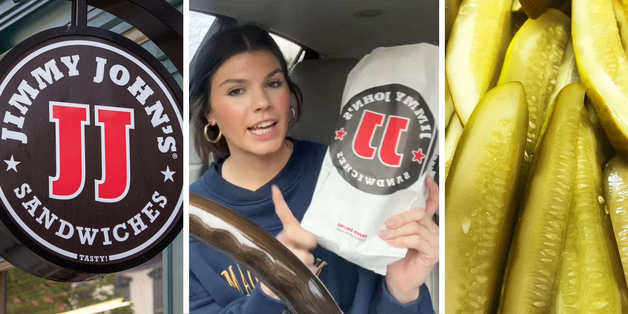 Jimmy John's sign(l), Woman holding up Jimmy John's bag(c), Pickle spears(r)