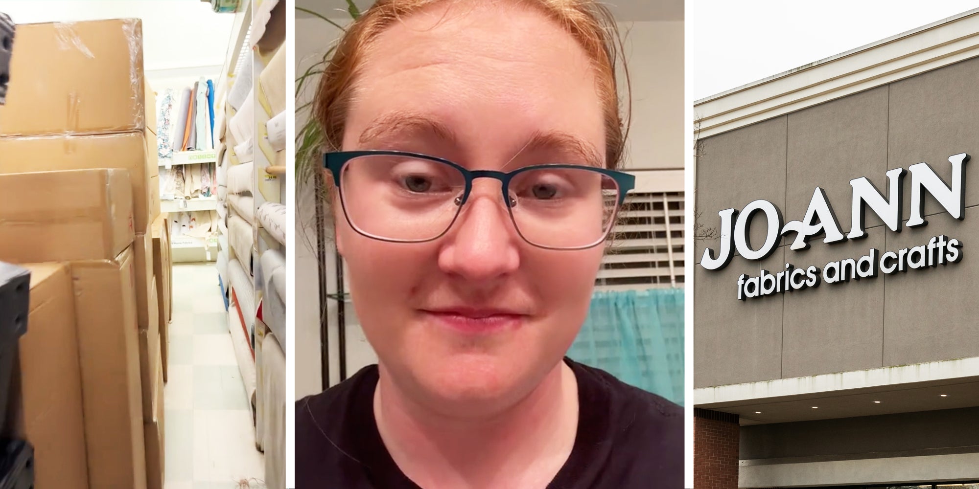 Joann Fabrics aisle(l), Woman talking(c), Joann Fabrics storefront(r)