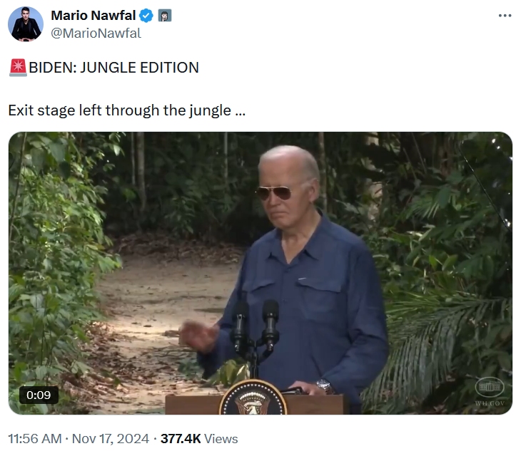 Joe Biden rainforest meme tweet reading 'BIDEN: JUNGLE EDITION Exit stage left through the jungle …'