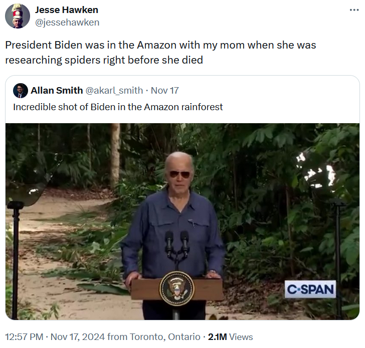 Joe Biden rainforest meme tweet reading 'President Biden was in the Amazon with my mom when she was researching spiders right before she died.'