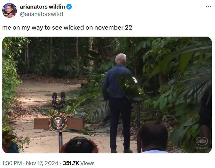 Joe Biden rainforest meme tweet reading 'me on my way to see wicked on november 22.'