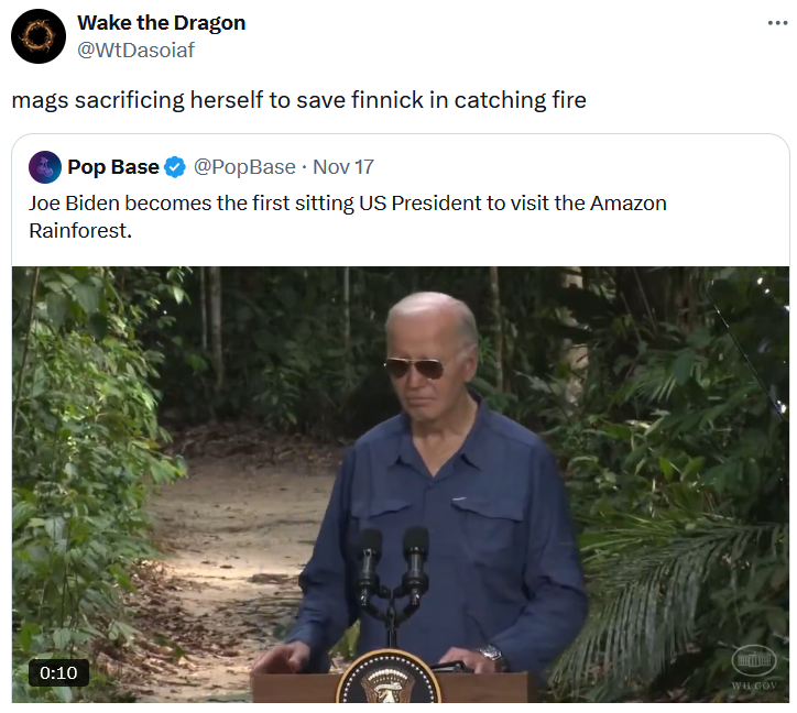 Joe Biden rainforest meme tweet reading 'mags sacrificing herself to save finnick in catching fire.'