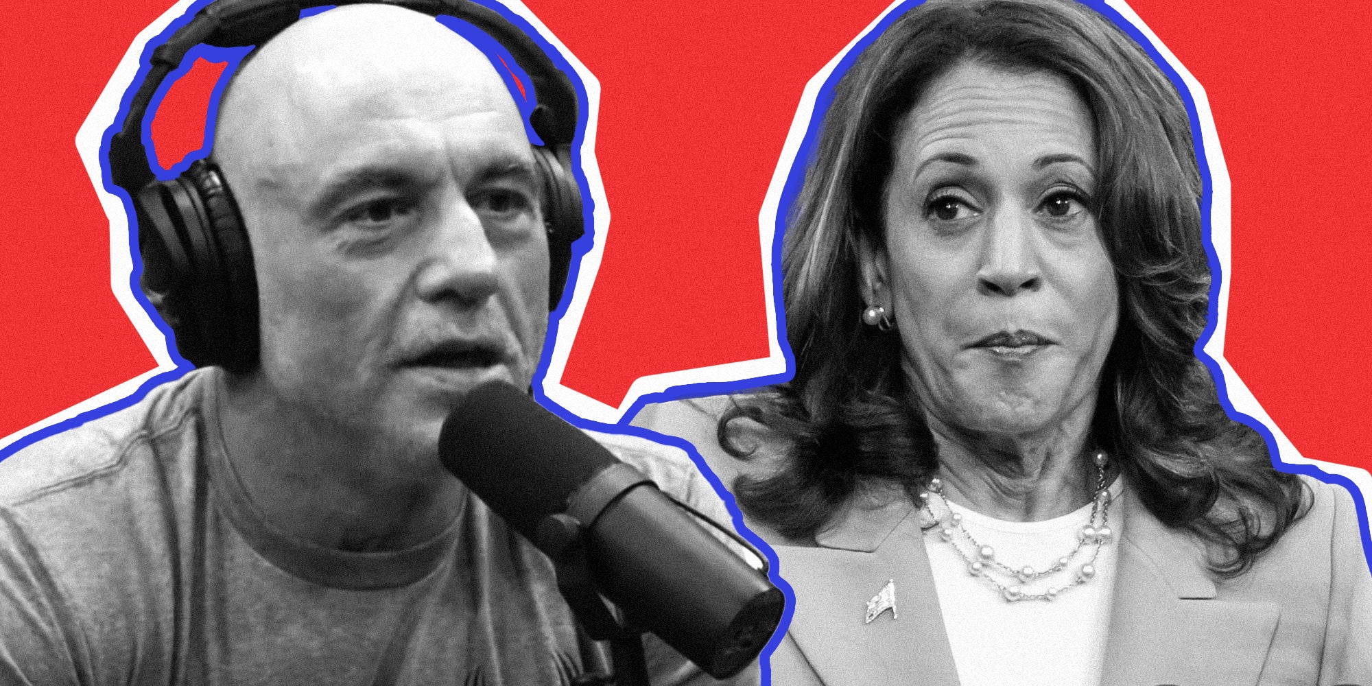 Joe Rogan talking into mic and Kamala Harris