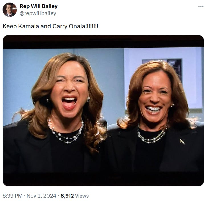 Keep Kamala and Carry Onala meme with a shot of Maya Rudolf and Harris standing together.