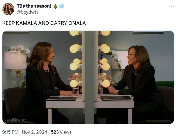 Keep Kamala and Carry Onala meme with a shot of Maya Rudolf and Harris at the mirror.