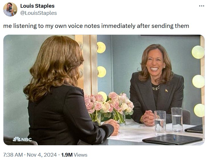 SNL Kamala Harris mirror meme about voice notes.