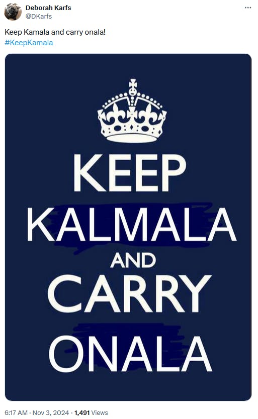 Keep Kamala and Carry Onala meme motivational poster.