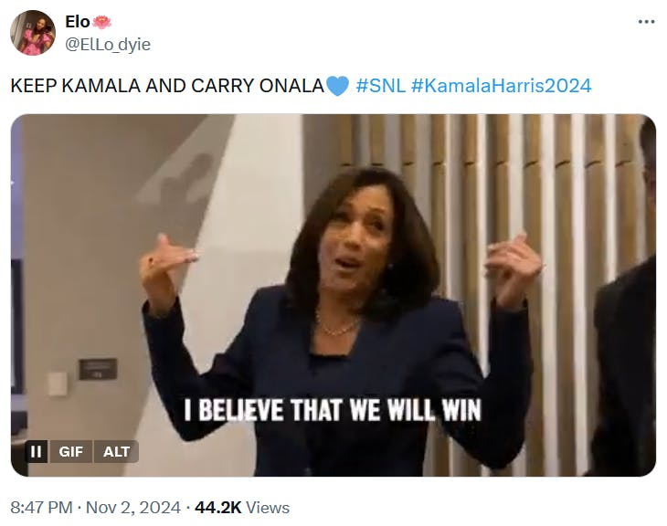 Keep Kamala and Carry Onala meme with a gif of Harris captioned 'I believe that we will win.'