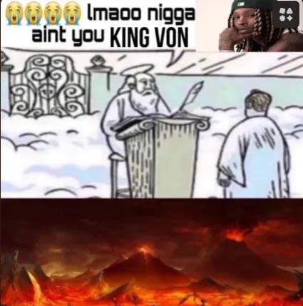 Dayvon Daquan Bennett meme with an edited comic of Saint Peter greeting him at the pearly gates before sending him to Hell.