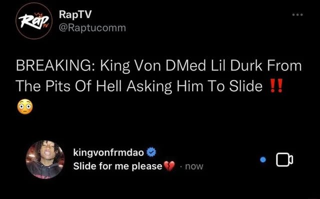 Edited tweet with a fake breaking headline saying King Von DMed Lil Durk from Hell.