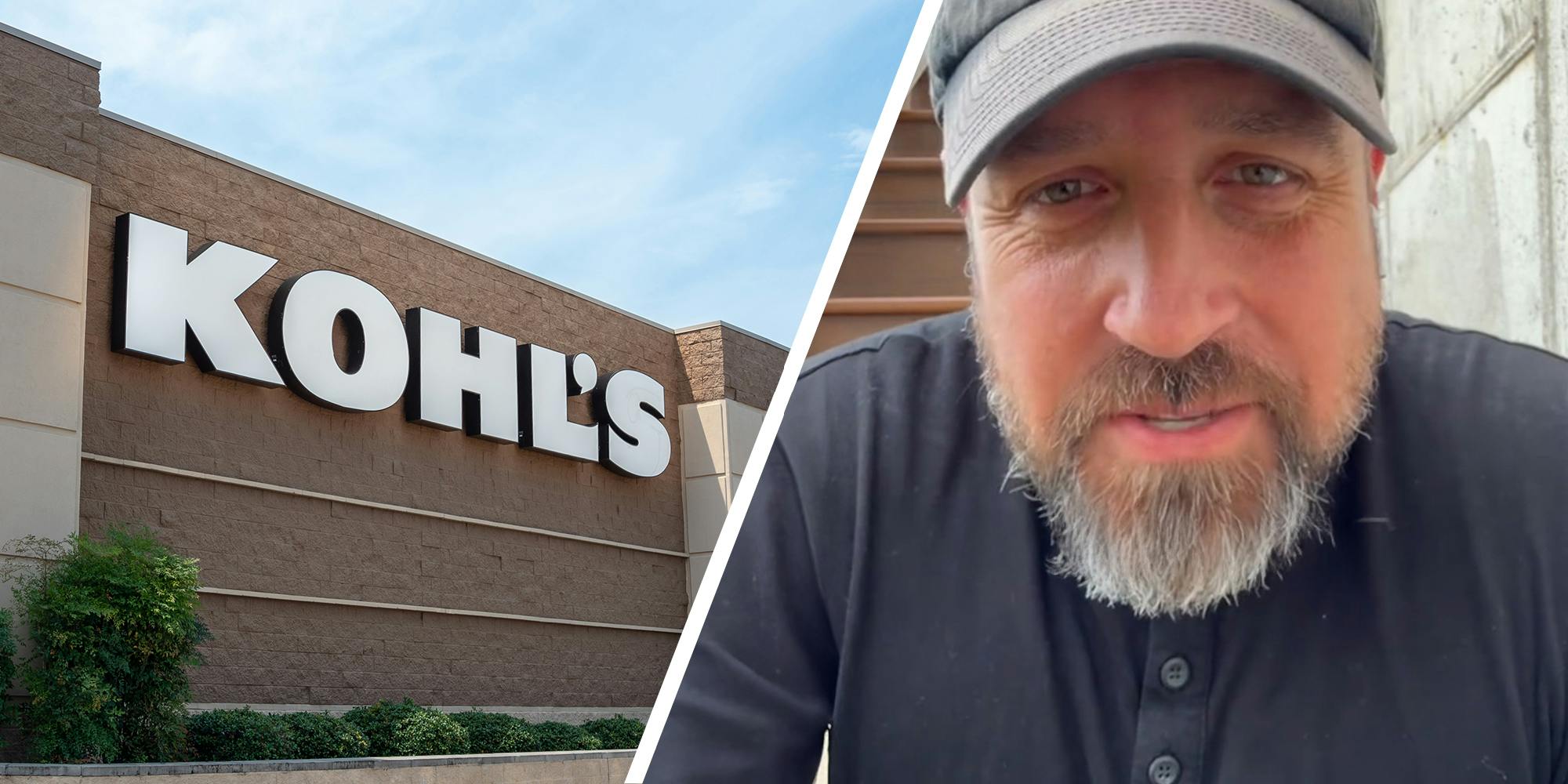 Kohl's retail department store exterior sign above the entrance(l) Man sharing information about Kohls on TikTok