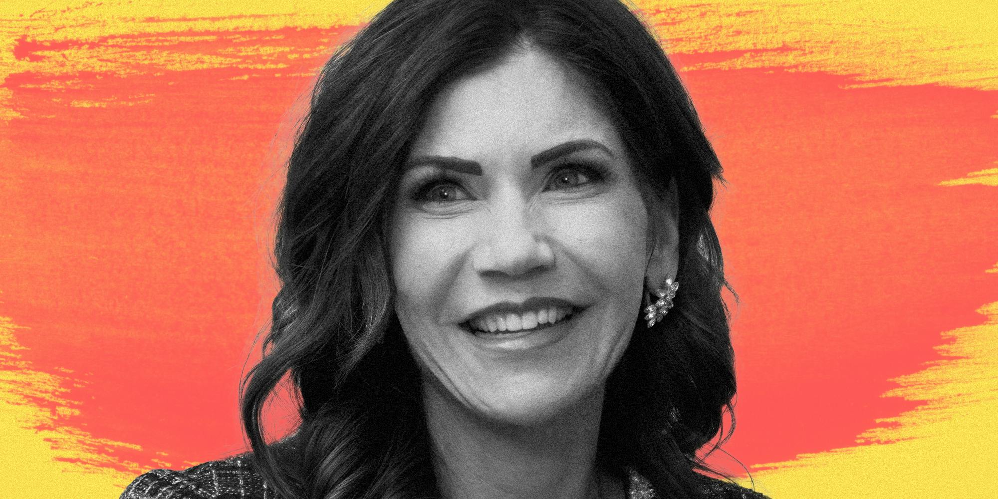 Kristi Noem smiling over abstract background