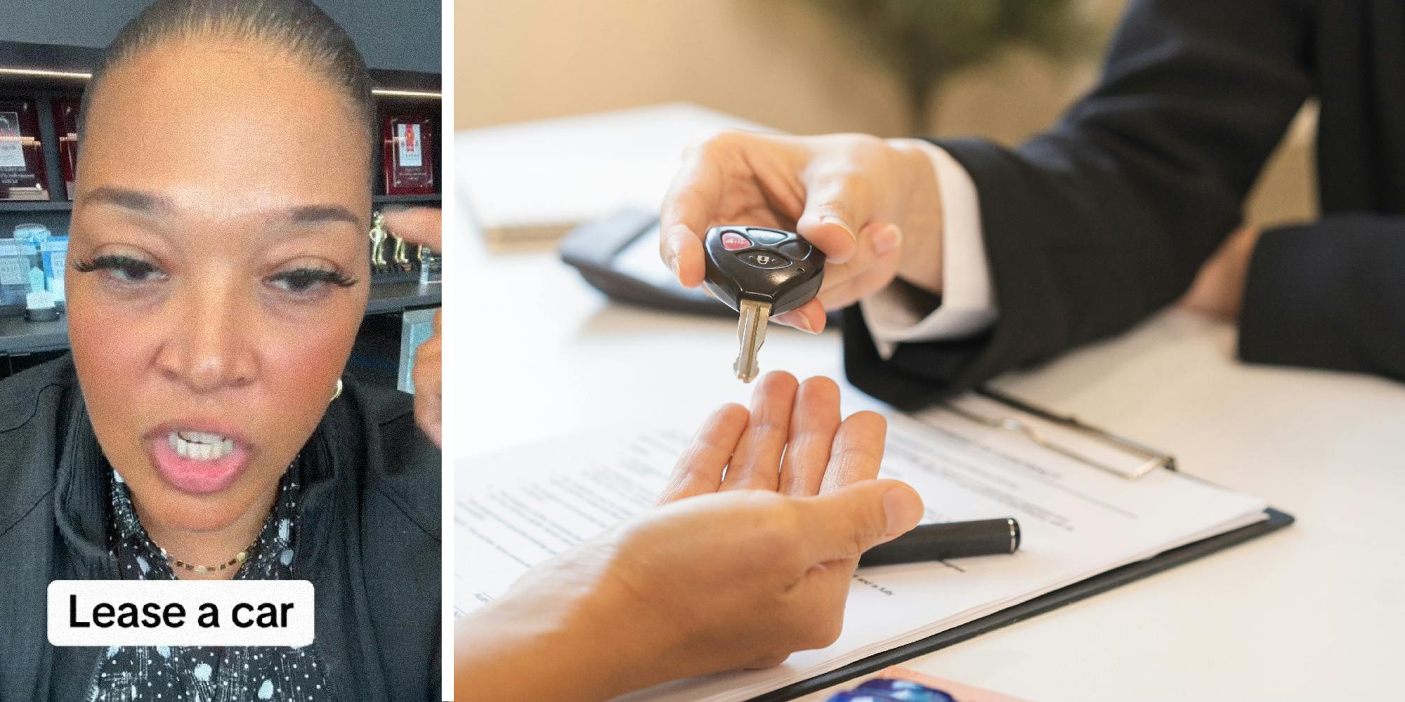 2 panel image, one the left a person speaks to camera with the words, "Lease a car". On the right a person hands another person keys over a desk.