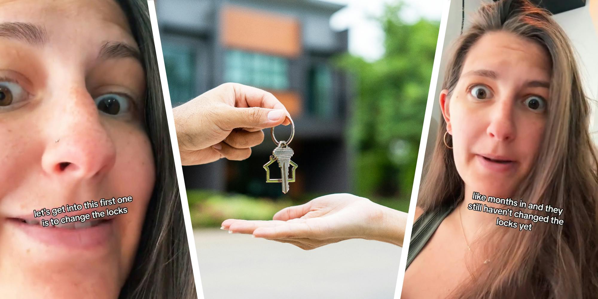 3 panel image. In the middle we see a hand giving keys to another hand, with a house in the background.