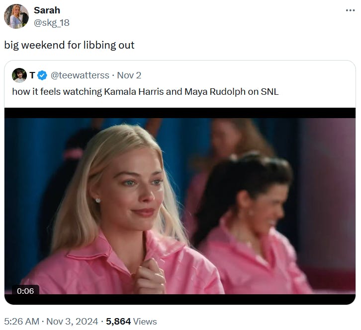 Libbed Up Libbing Out meme with a clip of Margot Robbie.