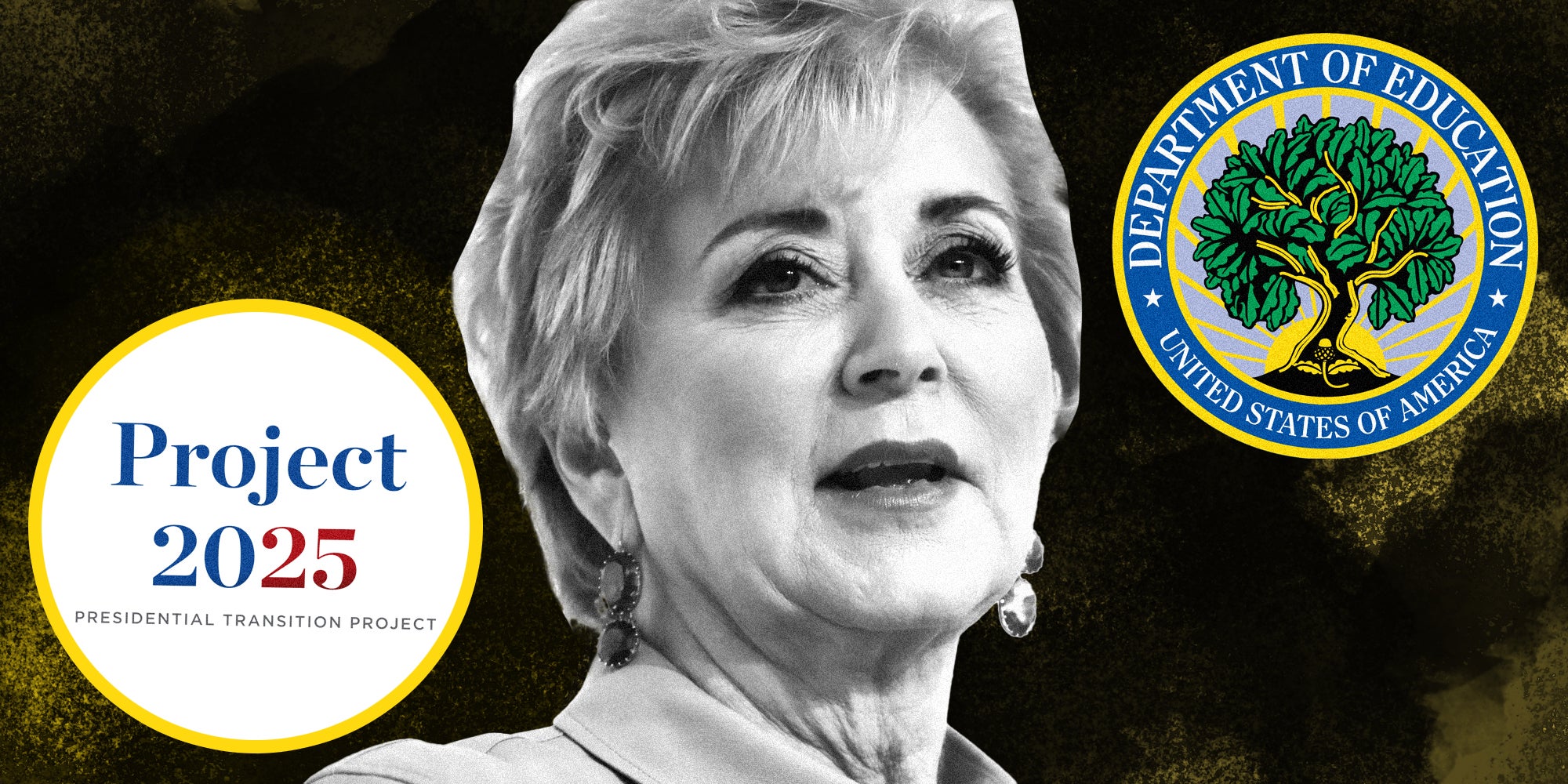 Linda McMahon with Project 2025 logo and Dept of Ed logo