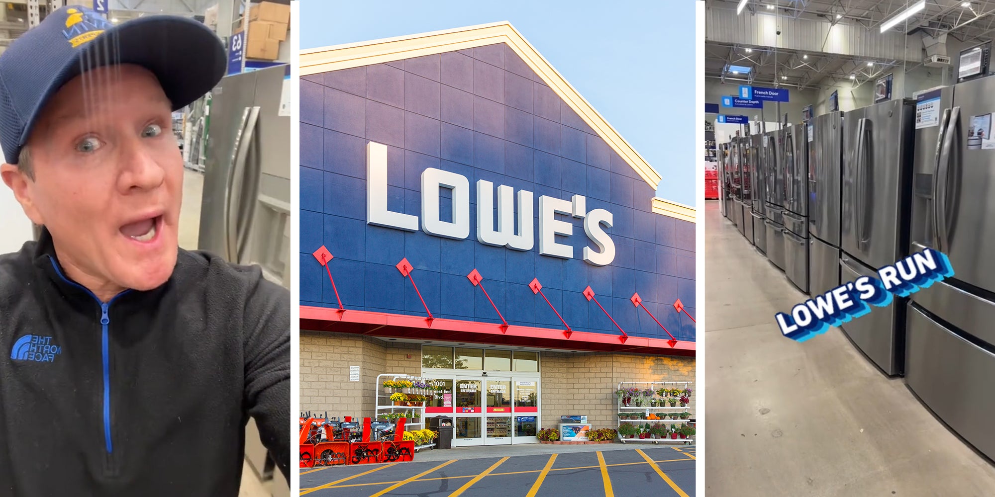 Man sharing tips on what to buy at Lowe's(l) Lowes Store Front(c) Row of Refrigerators(r)