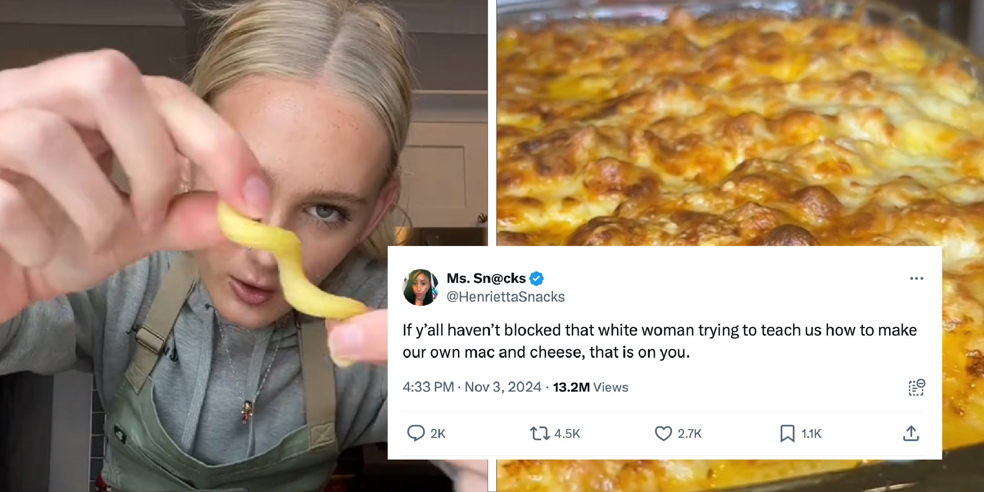 Background image shows a blonde woman holding a piece of macaroni and we see a dish of baked macaroni. Overlaid is a tweet from @HenriettaSnacks.