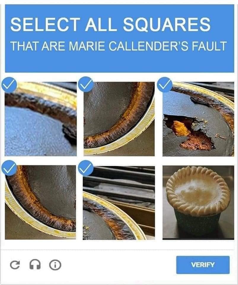 Captcha edit asking the user to select images of a burnt pie.