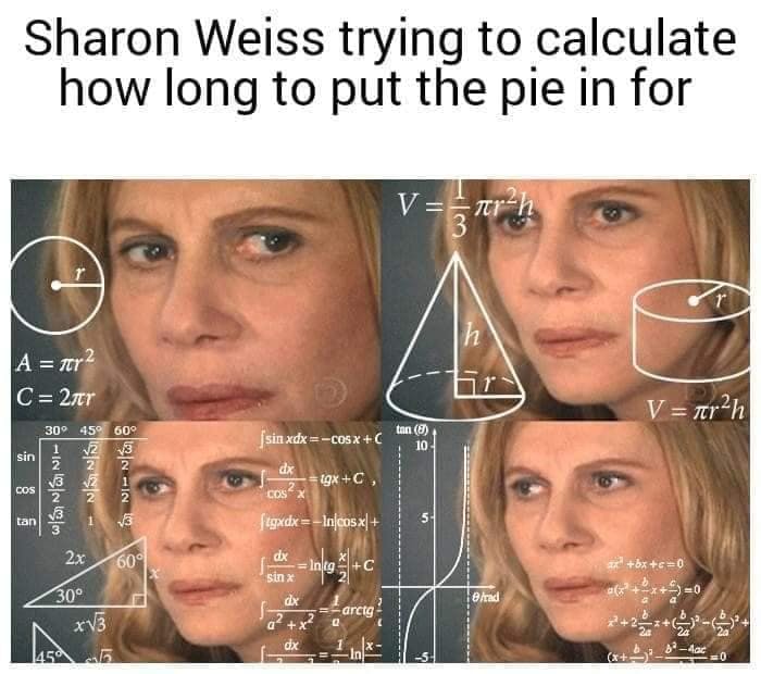 Marie Callender Pie meme in the woman calculating format.