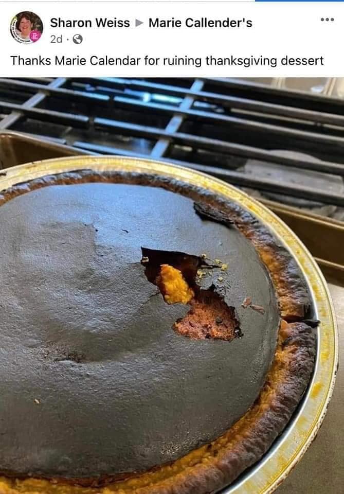 Original Sharon Weiss Facebook post with the burnt pumpkin pie.