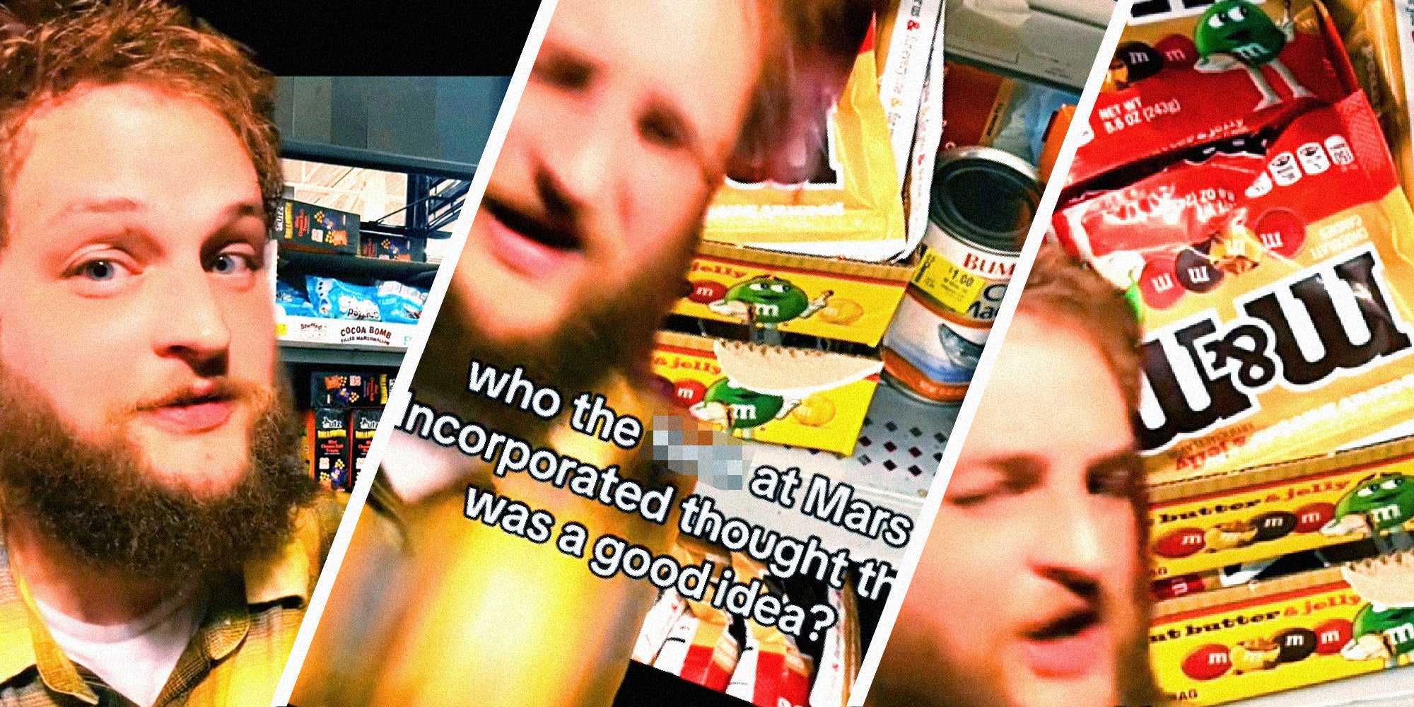 3 panel image of a person complaining in an aisle of Walmart. Text over reads, ' Who the **** at Mars incorporated thought this was a good idea?'