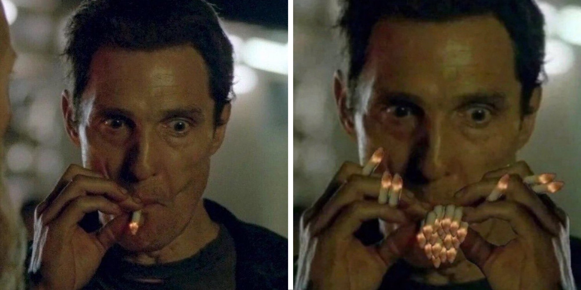 Matthew Macconaughey smoking in Mud, Matthew smoking meme with many cigarettes
