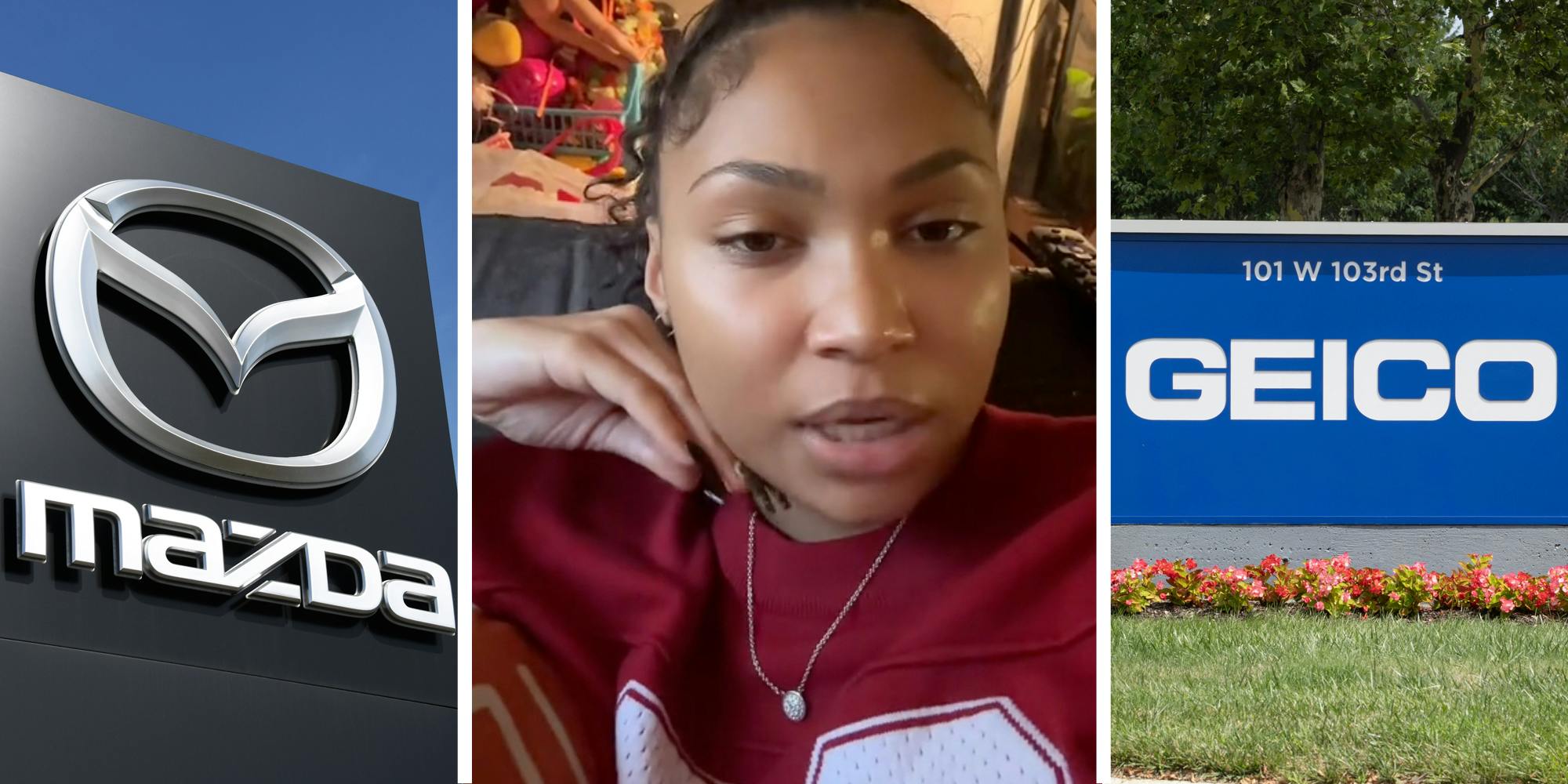 Mazda sign(l), Woman talking(c), Geico sign(r)